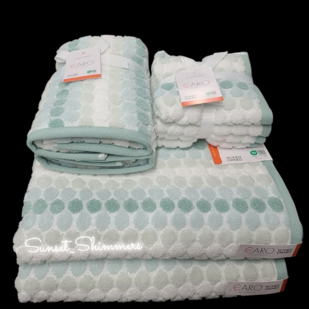 8pc Caro Home Bath Hand Washcloth Set Striped Dot Mint Green Ombre Towels NEW